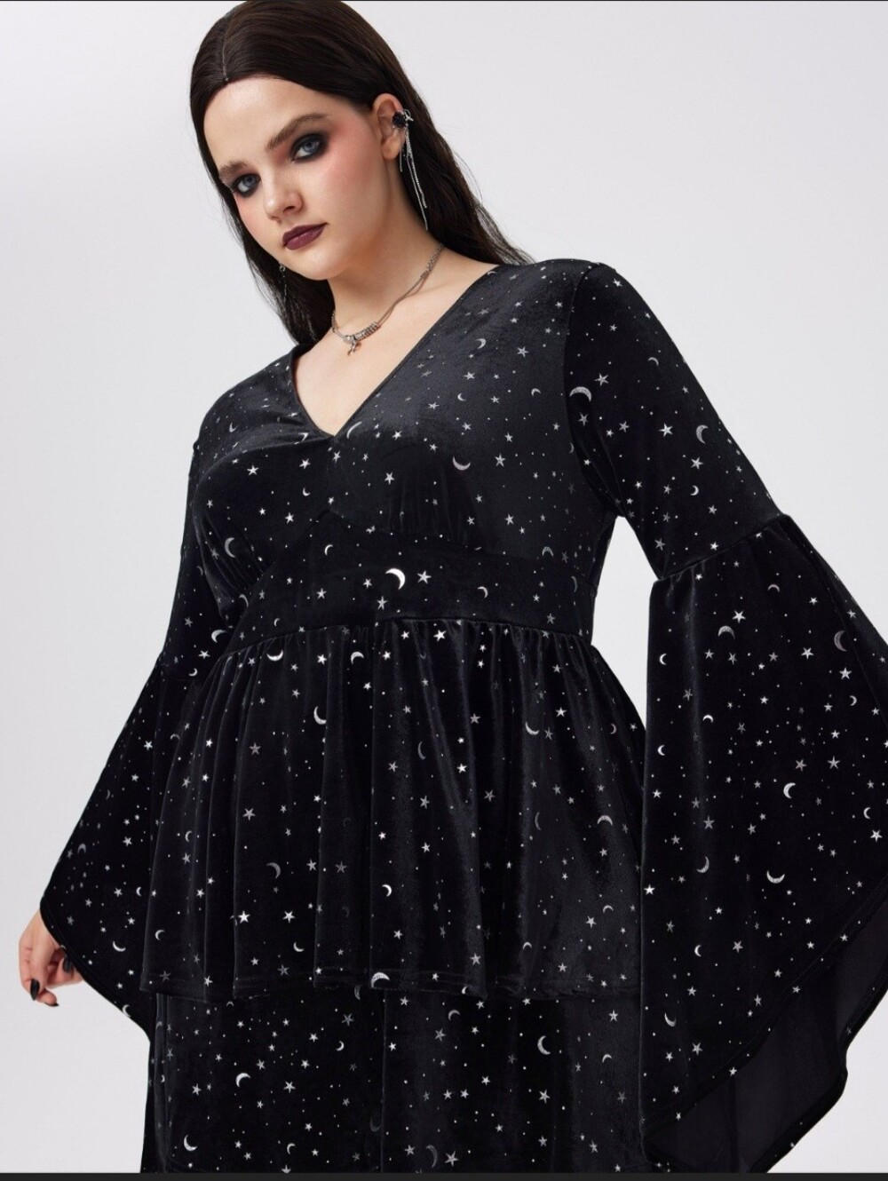 Cider Black Velvet Star & Moon Romper Dress with Flared Sleeves